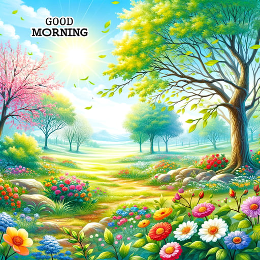 A serene spring morning landscape, teeming with vibrant blooms and lush greenery, under a crystal-clear sky, subtly whispers 'Good Morning'.