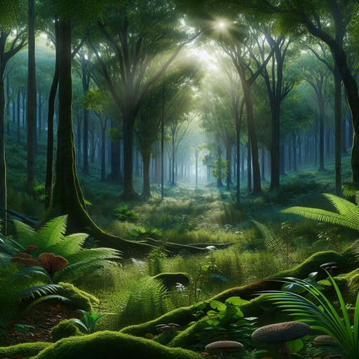 An early morning scene in a vibrant, undisturbed forest with dense foliage and sunlight filtering through, embodying peace and vibrancy, good morning image.