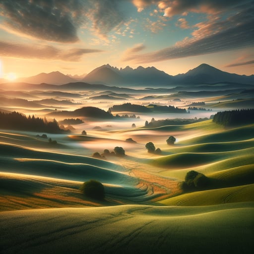 A serene good morning image of a countryside panorama featuring green meadows, morning fog, and a golden sunrise.