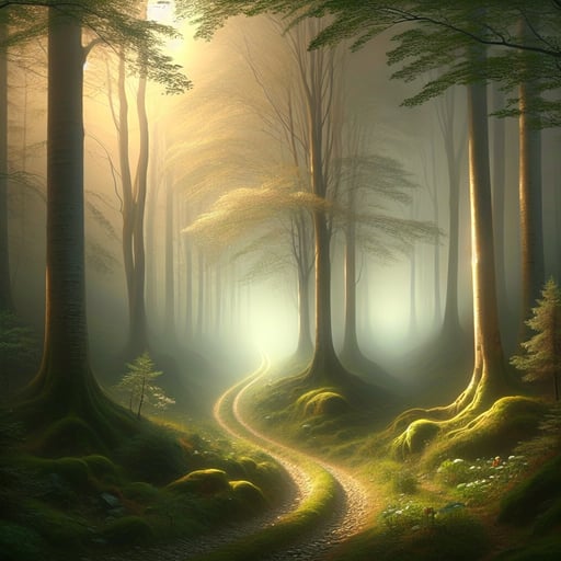 A magical path in a misty forest at dawn, filled with serene beauty and the enchanting promise of a new day, good morning image