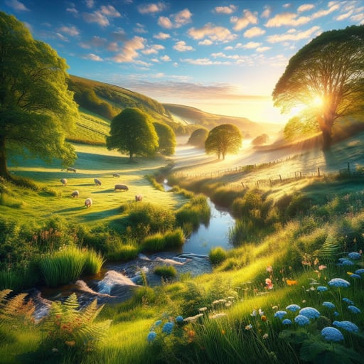 A serene good morning image of the countryside with rolling hills, wildflowers, a calm stream, and fresh dew on grass under a blue sky.