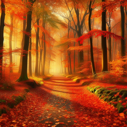 A serene good morning image of an autumnal forest path, adorned with vibrant orange and red leaves, capturing the essence of peace and quiet.