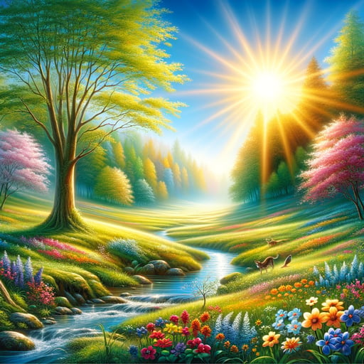 Serene good morning image of a lush green meadow, vibrant flowers, and a glowing, sun-kissed creek.