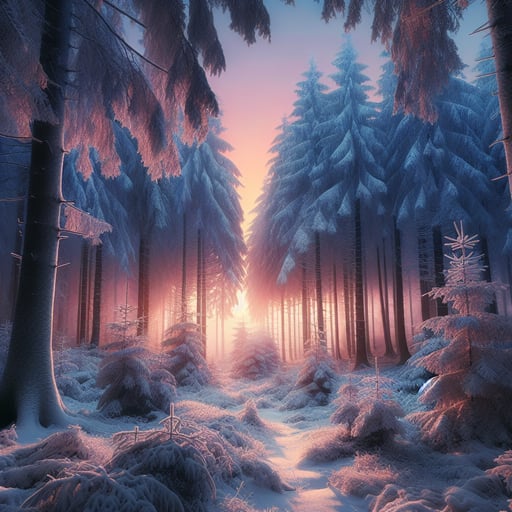 Good morning image of a winter forest at dawn with trees blanketed in snow under a pastel sky.