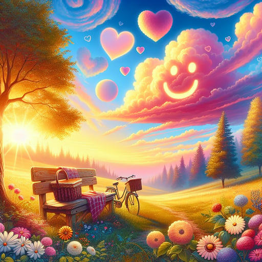 Vibrant good morning image of a peaceful landscape with a sunrise, heart clouds, smiley flowers, and a picnic setup.
