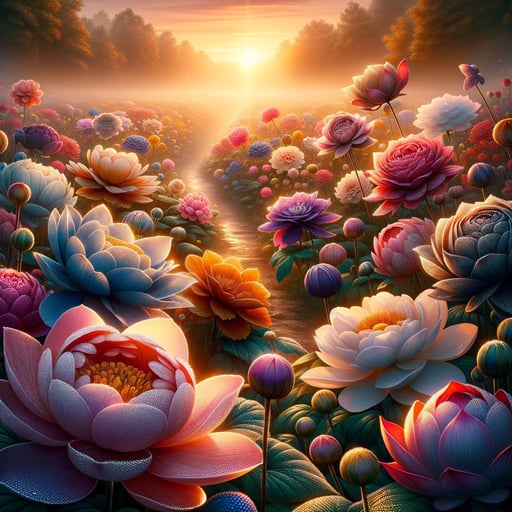 A serene good morning image of a sunlit garden with dew-kissed flowers in a multitude of colors.