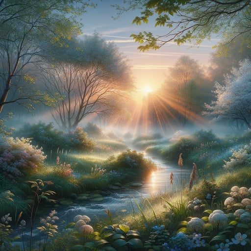 A serene spring landscape at dawn with bloomed bushes and a sparkling stream, epitomizing a peaceful good morning image.