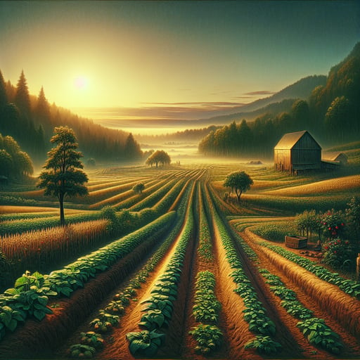 A serene good morning image showing a realistic photograph of a tranquil, fertile farmland with ripe fruits and vegetables, and a well-constructed barn in the distance.