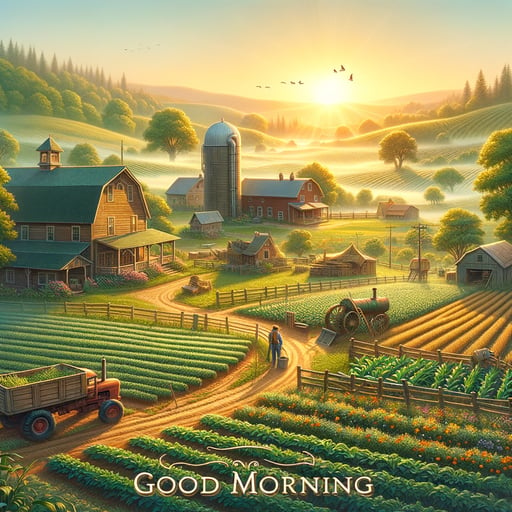 Serene farm morning with sunrise over green fields and a sturdy barn - good morning image