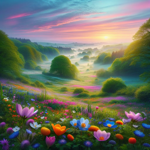 A serene good morning image of a spring landscape with multicolored flowers under a pastel dawn sky.