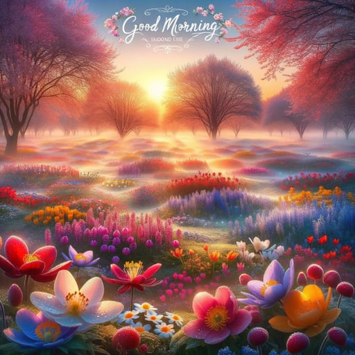 Enchanting spring morning with blossoming flowers, dewdrops, and a clear gradient sky with 'Good Morning' scripted in the air.