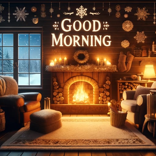 A cozy winter morning unfolds within a room warmed by a crackling fireplace, with no people present and a view of snow falling outside.