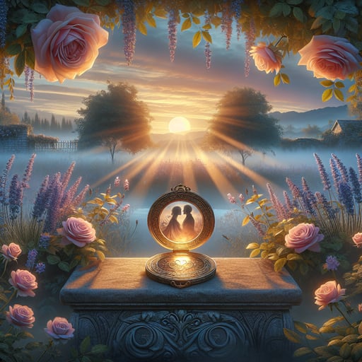 Heartwarming good morning image of a serene garden landscape with a stone bench and an open locket in the first light of dawn.