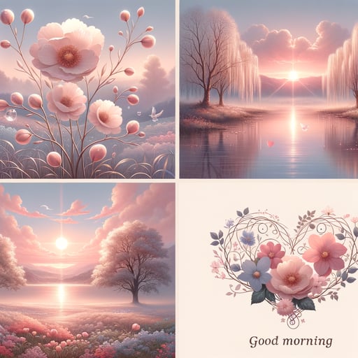 Serene good morning image of a tranquil lake with pastel sunrise, heart-shaped clouds, and dew-kissed blooming flowers.