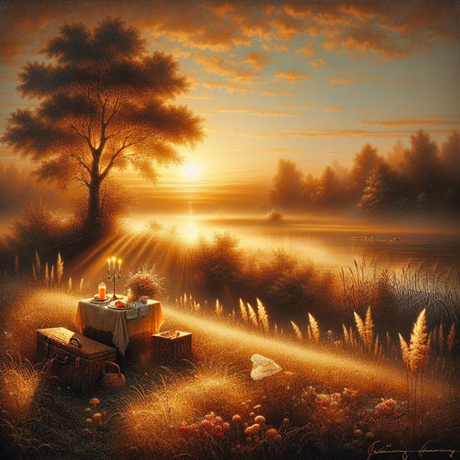 A serene good morning image of a sunrise with golden light on dewy grass, a solitary tree in blossom, and a romantic picnic setup for two.