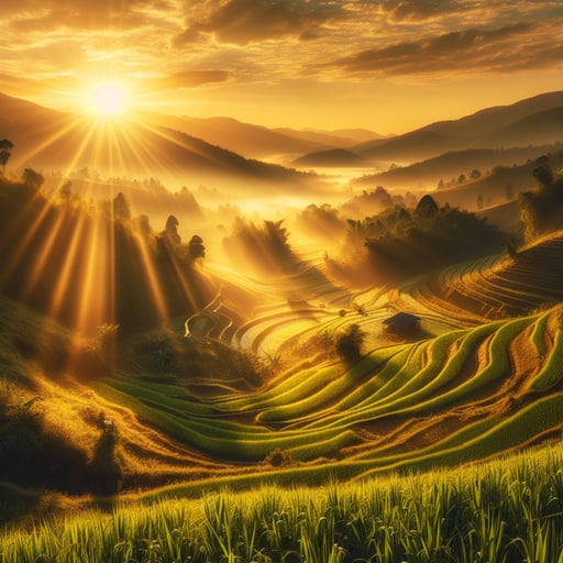 Sun-kissed farms in the early morning light, depicting a serene and lush landscape without any living beings.