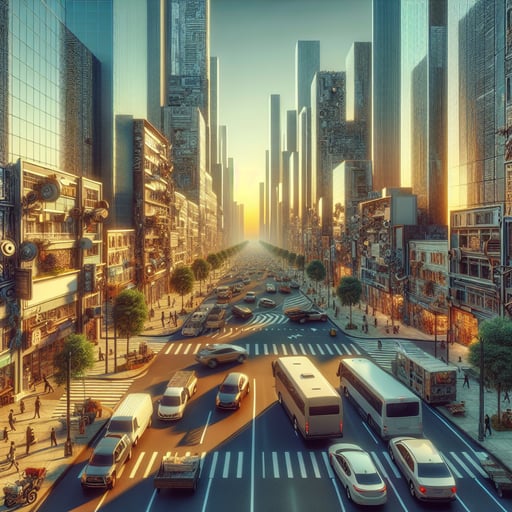 A good morning image showcasing a vibrant cityscape at dawn with streets, skyscrapers, and vehicles that reflect the energy of urban life.