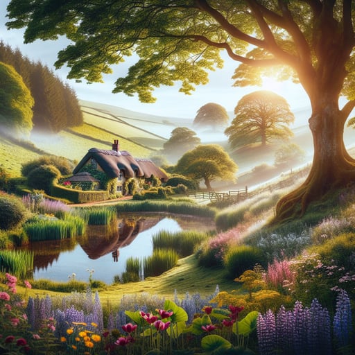 Serene countryside morning with a thatched cottage, rolling hills, wildflowers, and a tranquil pond reflecting the sky. No modern stress, pure contentment.