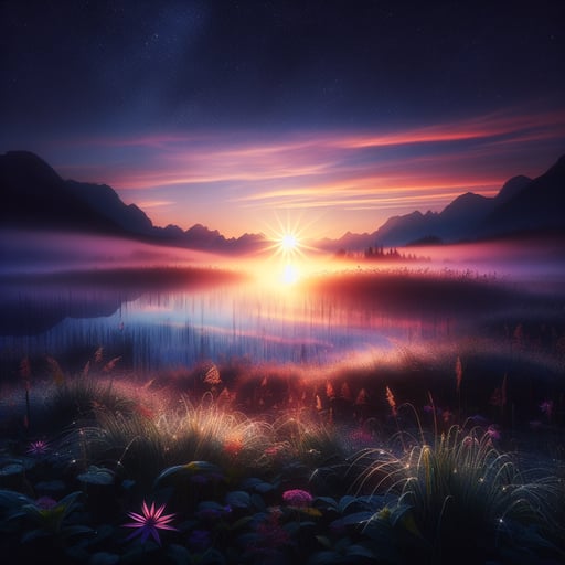 A serene morning landscape with mountains, a shimmering lake, and blooming wildflowers under a pastel dawn sky, wishing you a good morning image.