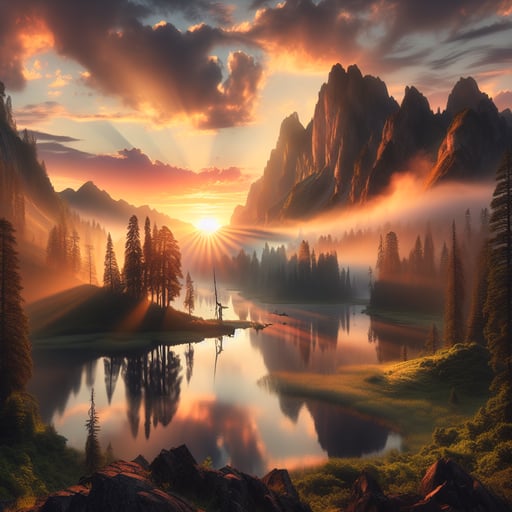 Good morning image of a serene landscape at dawn with a misty lake reflecting mountains and a sky painted with golden hues.