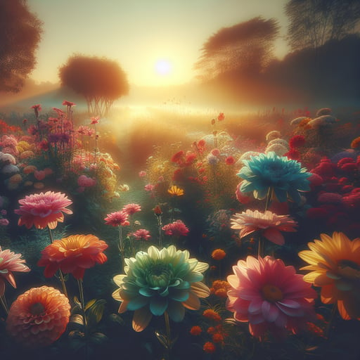 A peaceful good morning image of colorful blooms gently swaying, with their scents creating a tranquil atmosphere.