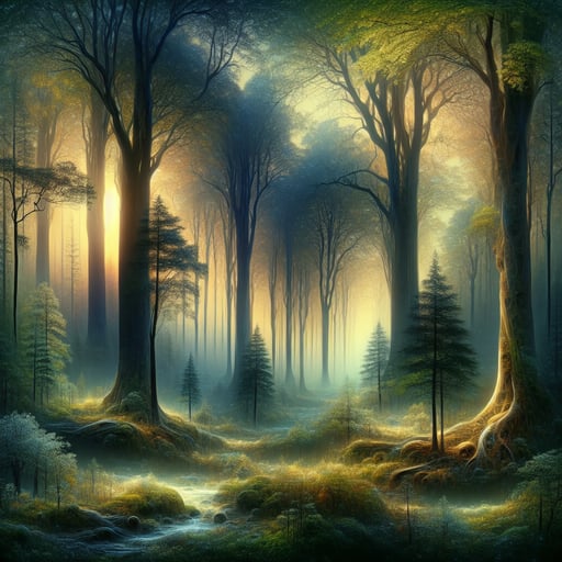 A serene, enchanted forest bathed in the warm glow of dawn, embodying the essence of a magical good morning image.