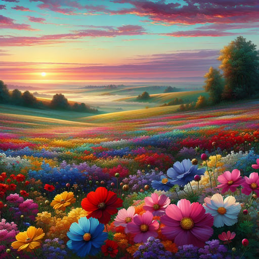 A serene good morning image featuring a vibrant blooming landscape of colorful flowers with a sunrise.