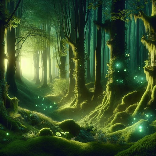 Beautiful good morning image of a magical, peaceful forest at dawn, devoid of living beings but full of haunting beauty.