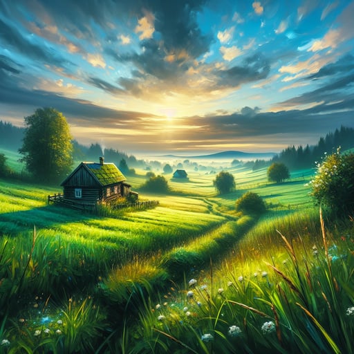 Serene countryside morning in a rural retreat with a wooden farmhouse amid green fields, good morning image.