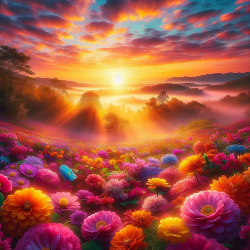 Bright hues of blooming flowers bathed in the soft glow of sunrise, creating a peaceful good morning image devoid of living beings.