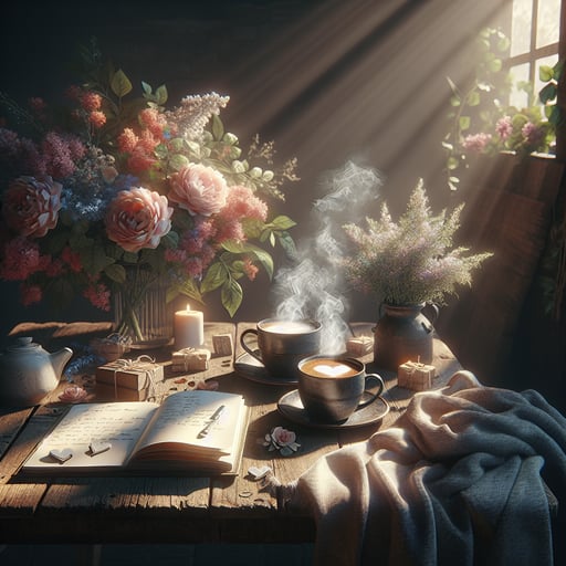 Two steaming cups of coffee on a wooden table, surrounded by love letters and morning sunshine, embodying a romantic good morning image.