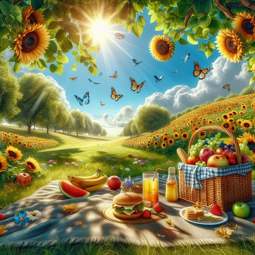 Lush meadows under a clear blue sky, bright sunflowers, ripe fruits on trees, and a picnic basket, hinting at a joyous summer scene. Good morning image.