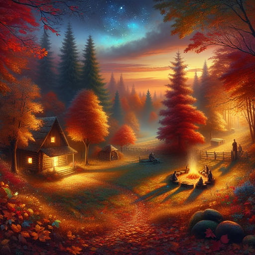 A serene morning scene in an autumn-cloaked landscape, with golden leaves and a cozy cabin, emanating a peaceful good morning image.