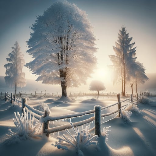 A beautiful good morning image of a serene winter landscape, trees cloaked in snow under a dawning sky.