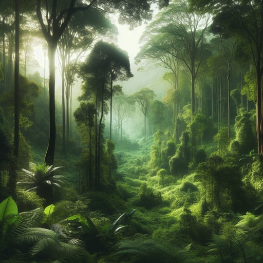 Good morning image depicting a verdant forest illuminated by morning sunlight, highlighting the lush vegetation and tranquil beauty.