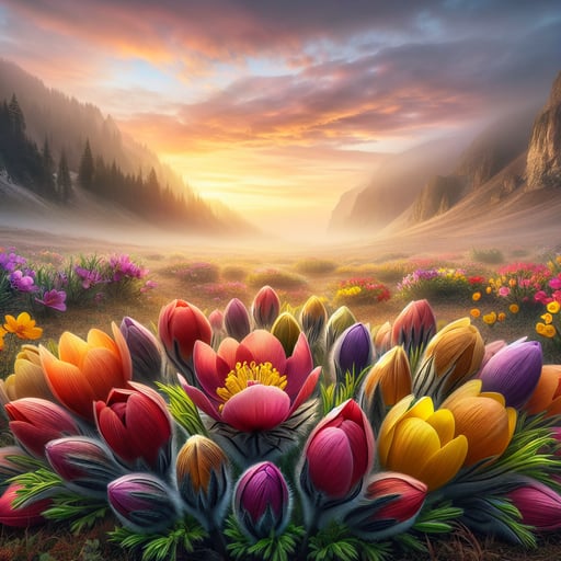 Good morning image showcasing vibrant flowers blooming at dawn, capturing the serenity and optimism of a new day.