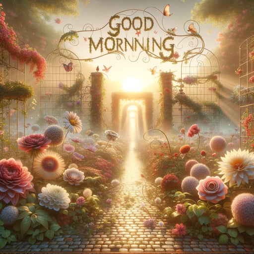 A peaceful good morning image of a sun-kissed floral paradise with dewy flowers and elegant 'Good morning' in vines.