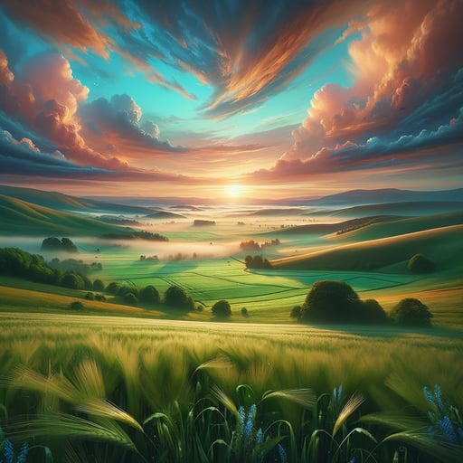 Good morning image of a tranquil countryside with dewy grass, rolling hills, and morning fog under a vibrant dawn sky.