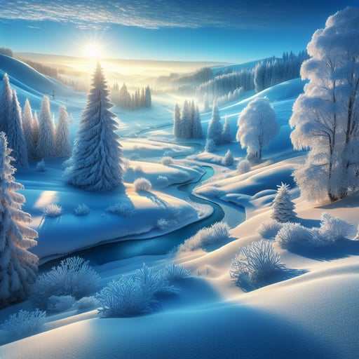 A good morning image of an untouched winter landscape with pristine snow, frost-covered trees, and a clear, azure sky.