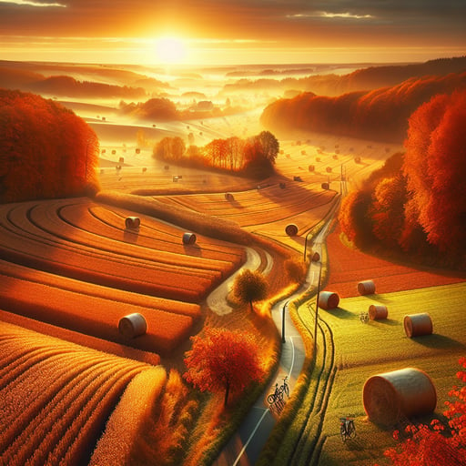 A serene good morning image of harvested fields, hay bales, and colorful Autumn trees under a rising sun.