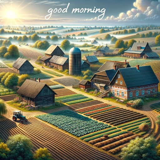 A tranquil good morning image; ploughed fields, lush orchards, and a rustic farm under a golden sunrise.