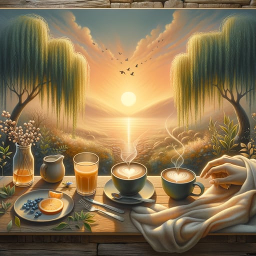 A serene good morning image depicting two cups of tea with heart-shaped steam, embodying affection.