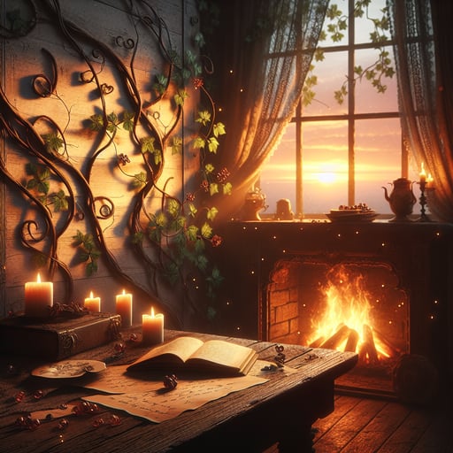 A good morning image showcasing a serene dawn with warm hues, intertwining vines, glowing fireplace embers, and love letters on a rustic table.