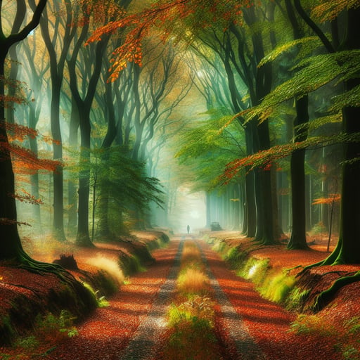 Serene autumn morning in a whispering forest, quiet lane covered with colorful fallen leaves - a perfect good morning image