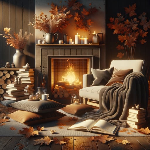 Cozy autumn good morning image featuring a plush seating by a fireplace with a soft glow, books, and a warm drink.