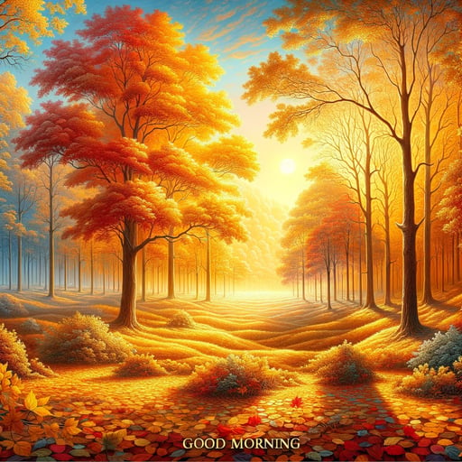 Good morning image of an autumn landscape with a warm golden glow gently illuminating the fall foliage.