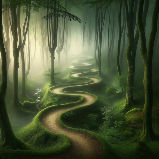 Mystical forest paths enshrouded in mist at dawn, embodying tranquility and hidden wonders - a good morning image.