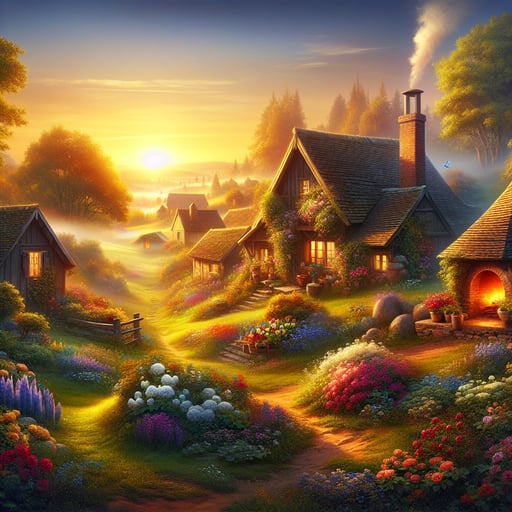 Scenic countryside good morning image capturing serene cottages, a blooming garden under a golden sunrise, perfect for a peaceful start.