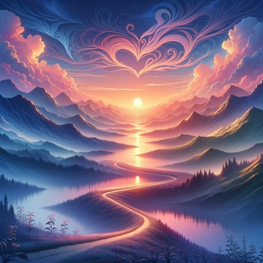 Good morning image of a peaceful dawn with intertwined paths and a heart-shaped sun over mountains, in soft hues of pink and blue.