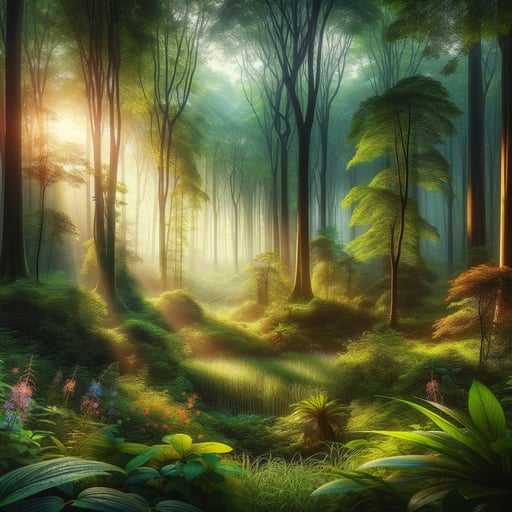 Tranquil forest at dawn, sunlight piercing through foliage, blooming flowers, dew-kissed leaves with 'Good Morning' etched subtly - a perfect good morning image.